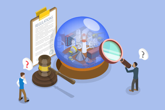 3D Isometric Flat Vector Illustration of Environmental Legislation, Concept Of Pollution Control With Polluted Factories