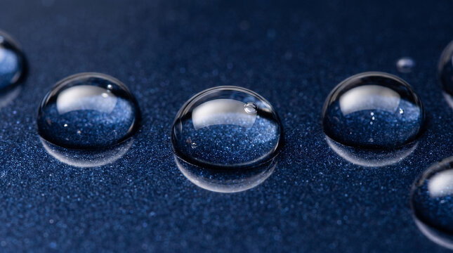 Close-up of clear water droplets on a textured dark blue surface, macro photography
