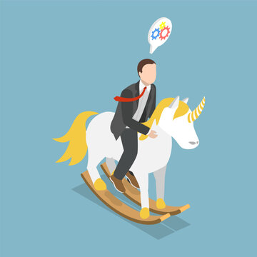3D Isometric Flat Vector Illustration of Unicorn Startup, Successful Entrepreneur Riding Unicorn Rocking Horse Into The Sky As Creative Money-Making Idea.