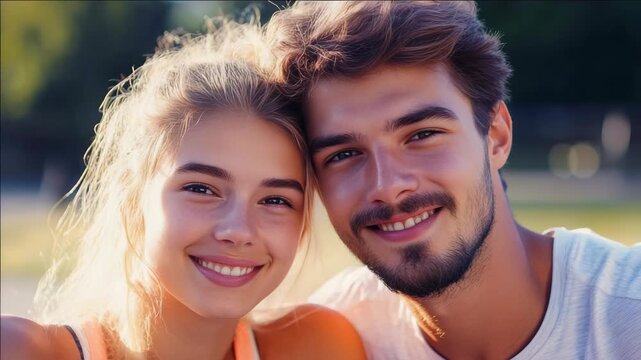 A young man and woman smiling at the camera, sharing an intimate moment in nature