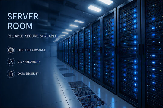 Modern Data Center Server Room with Cloud Computing and Network Infrastructure