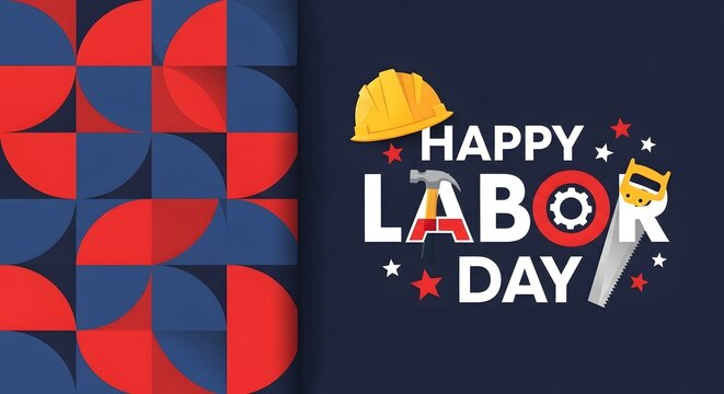 Happy labor day greeting card with construction tools and geometric pattern
