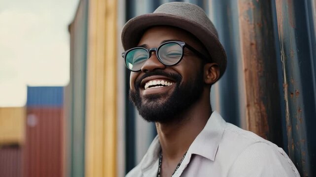 Happy man laughing in sunglasses against fence backdrop.