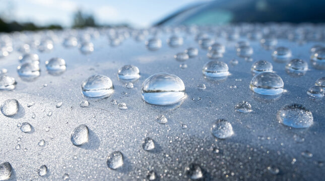 Close-up of water droplets on a silver car surface, reflecting the sky and sunlight.