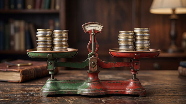 Financial balance scale with red and green weights holding equal stacks of shiny metallic coins