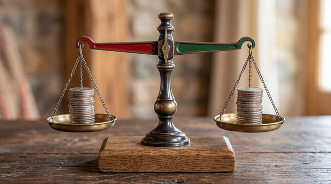 Red And Green Balance Scale Holding Equal Stacks Of Generic Metallic Coins Illustrating Financial Stability