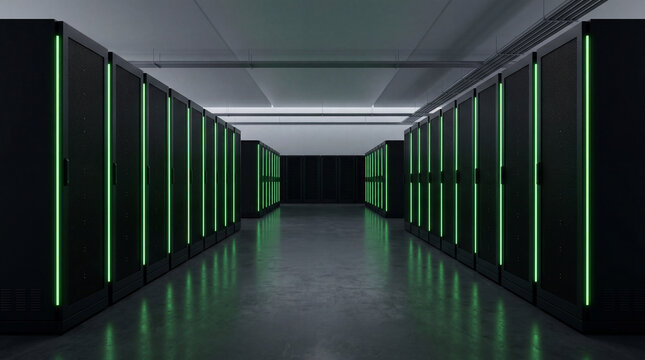 Minimalist rows of black server cabinets with uniform green vertical light bars in data center