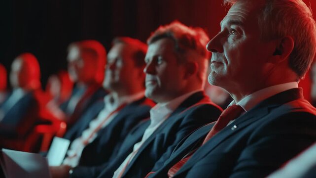 Man in suit sitting attentively at presentation, wearing pin striped jacket and red tie.