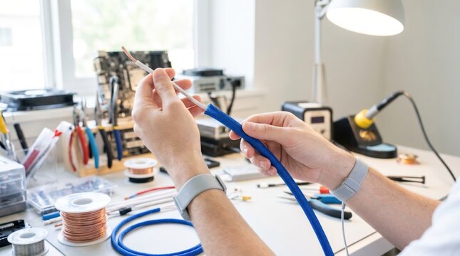 Technician feeding a wire through a blue braided cable sleeve on a workbench