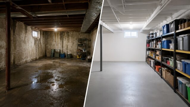 Damp basement and clean storage room after waterproofing