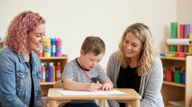 Young child with Down Syndrome engaged in drawing lesson with smiling teacher and support person in a classroom setting.