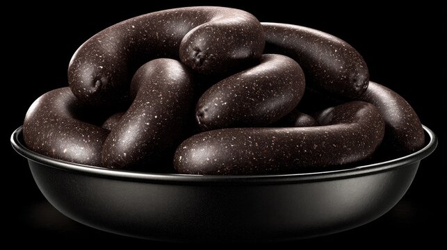 Black blood sausages in a dark ceramic bowl.