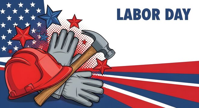 Labor day celebration background with construction tools and american flag