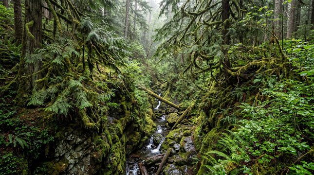 Deep Ravine In A Pacific Northwest Rainforest With Overhanging Cedar Branches And Thick Moss Greenery