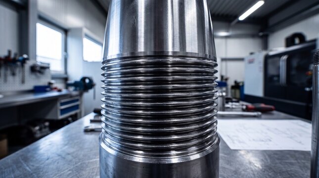 Macro Photography Displaying Intricate Threaded Base Detailing Of Polished Industrial Steel Heavy Warhead Metallic Shell