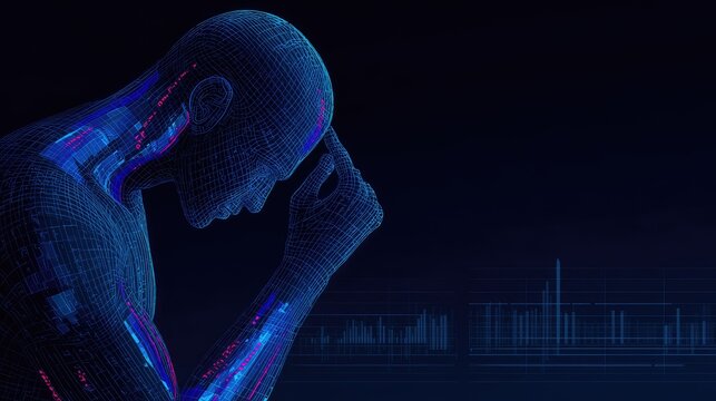Blue glowing digital human head in thinking profile pose.