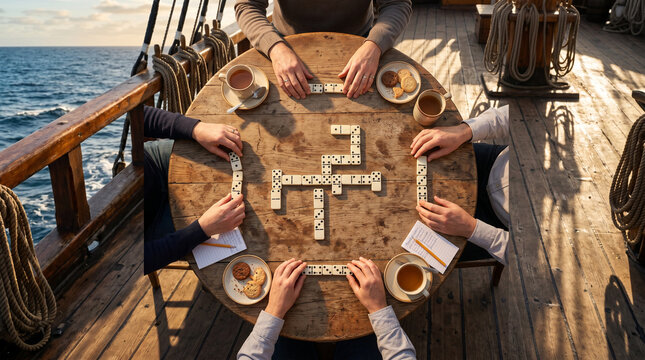 People playing dominoes on a wooden table on a sailboat deck with ocean view