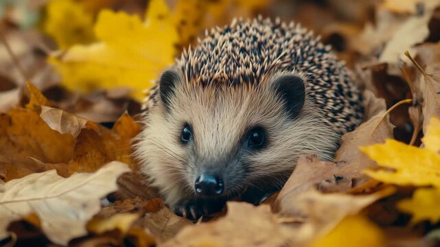 Cute hedgehog sitting on colorful fall leaves with a curious expression