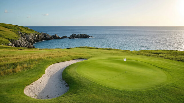 Scenic coastal golf course with lush greenery and ocean view