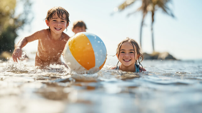 Joyful caucasian children playing with beach ball in water on a sunny day
