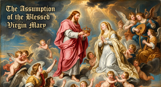 Jesus Christ, Virgin Mary, Assumption, angels, heaven, religious art, oil painting