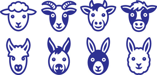 Farm animal head icons set sheep goat cow llama donkey rabbit illustrations © Craft Designer