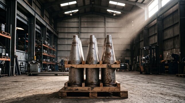 Neat Series Of Empty Warhead Nose Cone Shells Stacked Vertically Atop Heavy Duty Workshop Counter