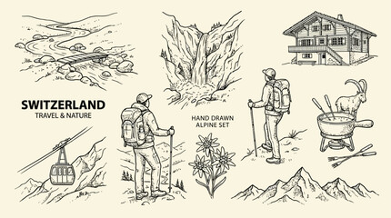 Obraz premium Minimalist Switzerland Travel Landscape Doodle Featuring Scenic Alpine River Sketch Artistic Drawing Of Swiss Mountain Nature Panorama In Monochrome Vector Style
