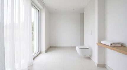 Fototapeta premium Bright minimalist bathroom featuring white toilet and a large window with sheer white luxury curtains
