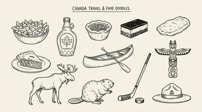 Minimalist Canada Travel Food Doodle Traditional North American Heritage Sketch Collection Featuring Thirty-Five Iconic Cultural Symbols and Landmarks in Simple Line Art Graphic Illustration Style