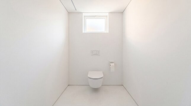 All white minimalist toilet area with a wall hung commode and soft morning natural light
