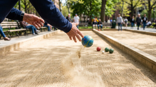 Man throwing bocce ball on sand court, other balls in background, park setting