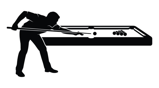 Billiard player and table silhouette against a white background