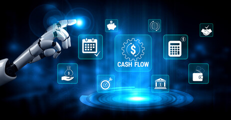Fototapeta premium Futuristic Robot Hand Interacting with Digital Cash Flow Icons and Finance Symbols in a Blue Technology Interface Display. Glyphic.