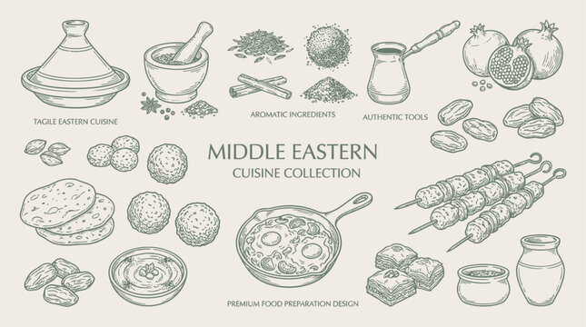 Traditional Middle Eastern Culinary Ingredient Collection with Aromatic Spice Herb Grain and Arabic Seasoning in Minimalist Style