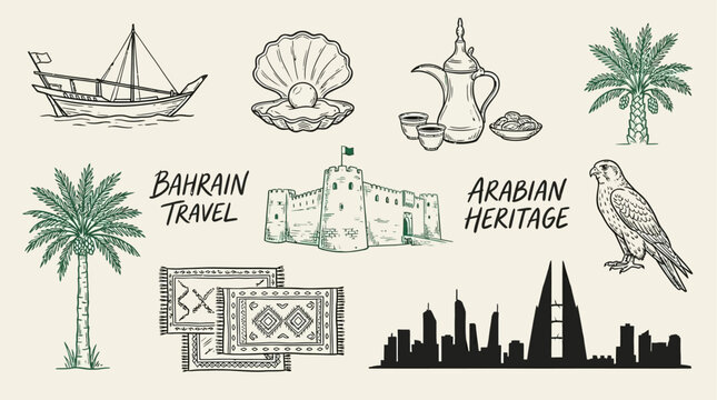 Minimalist Bahrain Travel Doodle Sketch Featuring Traditional Arabian Cultural Elements and Middle East Landmarks for Tourism Branding and Artistic Illustration of Manama Heritage.
