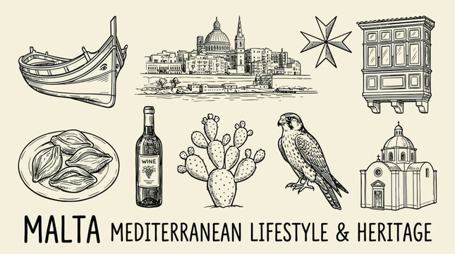 Hand Drawn Minimalist Doodle Illustration of Traditional Maltese Culture and Mediterranean Life Featuring Iconic Architectural Elements and Local Symbols for Travel and Tourism Projects