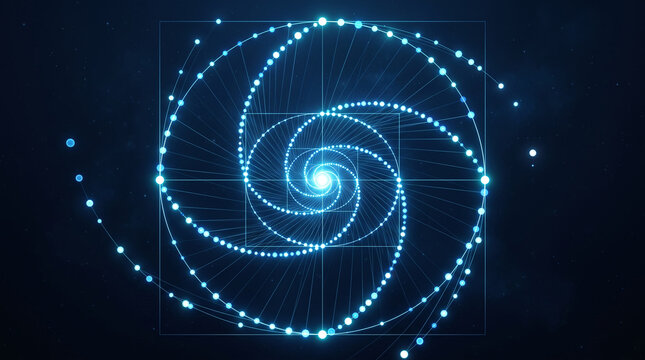 Abstract blue glowing spiral fractal pattern with Fibonacci sequence