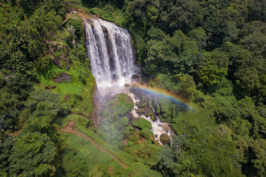 Aerial view of Curug Sewu Waterfall cascading over rocky cliffs surrounded by lush tropical forest with a vibrant rainbow in the mist in Patean, Central Java, Indonesia.