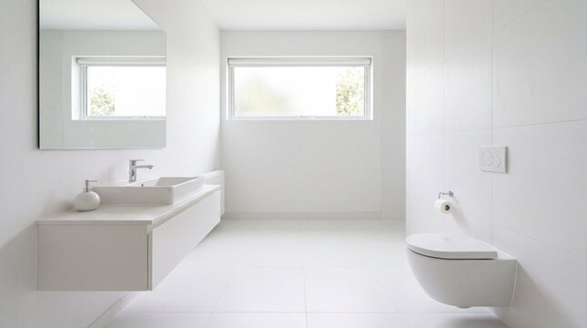 All white minimalist bathroom design featuring a clean toilet and bright natural ambient lighting ideas