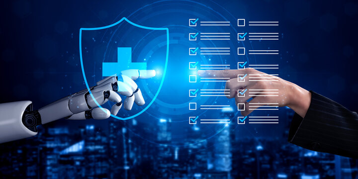 A human and a robot interact in a futuristic setting, emphasizing safety and security with a digital shield. This image represents collaboration in technology and modern innovation. Cyphers