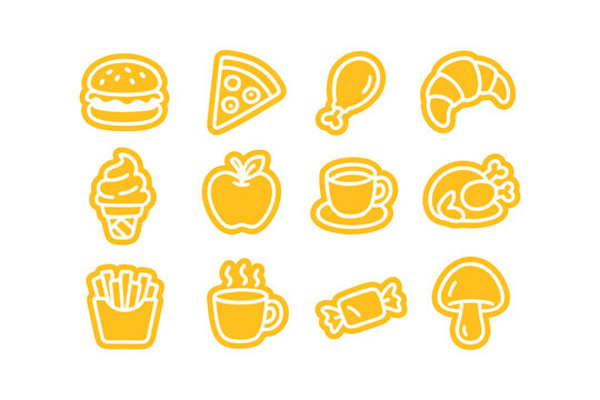 Collection of Fast Food Items and Snacks in Bright Line Art Style