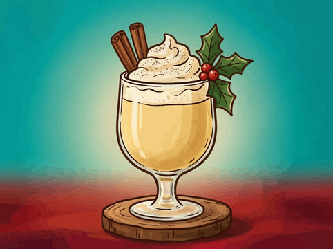 Festive Eggnog Drink with Cinnamon Sticks and Holly Garnish