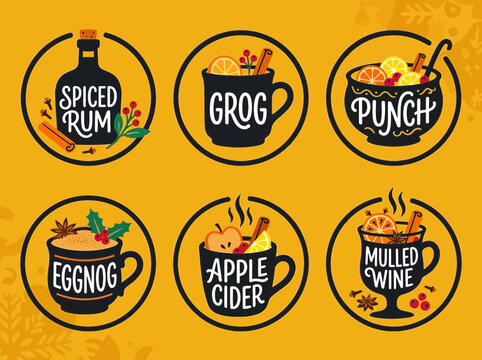 A collection of festive winter beverages including spiced rum, grog, punch, eggnog, apple cider, and mulled wine