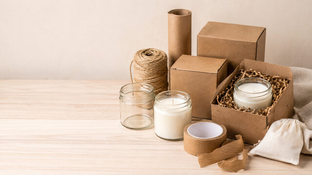 Handmade candle kraft packaging scene with blank boxes, paper filler, twine, and copy space