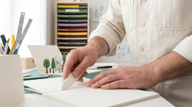 Bookbinder scoring and folding a white paper sheet using a bone folder tool