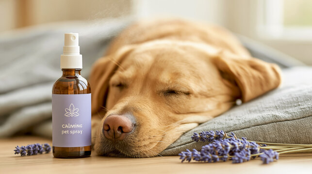 Relaxed labrador with calming lavender pet spray for stress relief and comfort