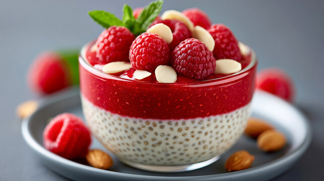 Creamy chia pudding with fresh raspberries and almond slices on grey plate