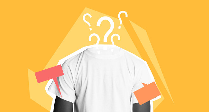 Unrecognizable Person Wearing White T-shirt Standing In Front Of Blank Background Surrounded By Various Question Marks, Representing Uncertainty Or Curiosity In A Professional Setting.