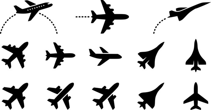 Modern Airplane Icons and Flight Path Silhouette Vector Set, Aviation Travel Graphic Resources